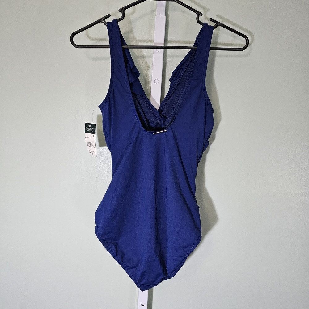 Lauren Ralph Lauren Beach Club Solid Ruffle Surplice One-Piece Size 4 Indigo - Picture 6 of 12